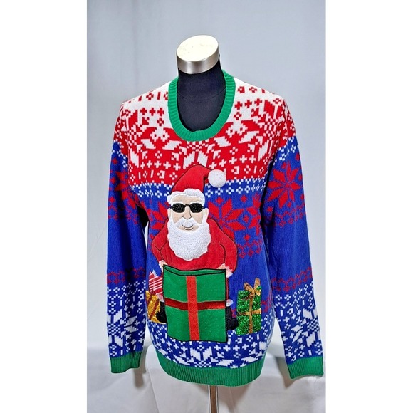 Jolly Sweaters Other - Jolly Sweaters Mens Medium Ugly Christmas Sweater Santa Sunglasses Sequins Blue‎